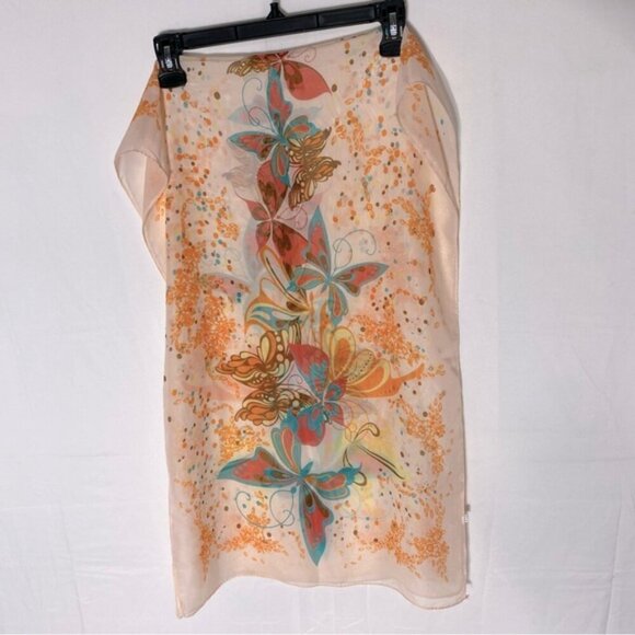 5/$25 Zhenqing Peach Semi Sheer Butterfly Floral Scarf - Picture 7 of 12